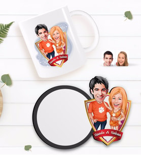 BK Gift Kişiye Özel Sevgililer Karikatürlü Beyaz Kupa ve Ahşap Bardak Altlığı Hediye Seti-54