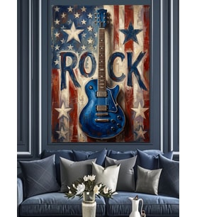 Amerikan Bayraklı Rock Elektro Gitar Dekoratif Kanvas - Mdf Ahşap Tablo