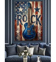Amerikan Bayraklı Rock Elektro Gitar Dekoratif Kanvas - Mdf Ahşap Tablo