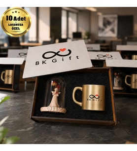 Logonuza Özel 10 Adet Kutulu Gold Fincan ve Aşk Perisi Fanus Seti – Ahşap Kutulu Kurumsal Hediye Seti