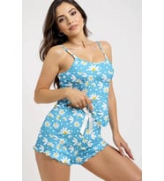 Papatya Baskılı Mavi Askılı Şortlu Pijama Takımı