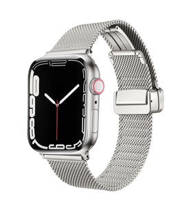 Apple Watch 7 45mm Uyumlu Kordon Hasır Metal Mıknatıs Tokalı Zore KRD-85 Kayış (Gümüş)
