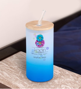 BK Gift Kadınlar Gününe Özel İsimli Mavi Renk Pipetli Buzlu Cam Bardak 600ml - 2, 8 Mart Kadınlar Günü