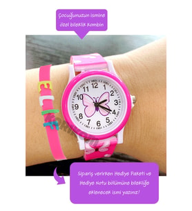 Çocuk Saatleri 3 ATM Analog Kelebek Çocuk Saati-isme Özel Bileklik Kombin STC41420 (Pembe)