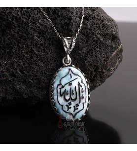 Doğal Larimar Taşı Allah (c.c) Yazılı 925 Ayar Gümüş Kolye