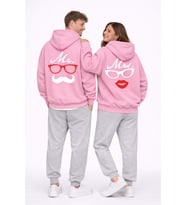 Sevgili Kombini Komik Surat Baskılı Siyah Oversize Hoodie Seti Kadın Erkek (Pembe)