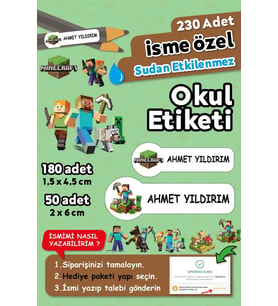 Minecraft Temalı Kişiye Özel İsimli Defter Kalem Okul Etiketi, Yırtılmaz PVC Etiket, Islanmaz (Beyaz)