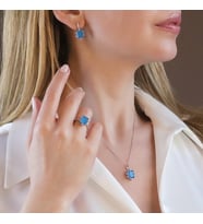 Mavi Paraiba Taşlı Kare Lotus Çiçeği Gümüş Set