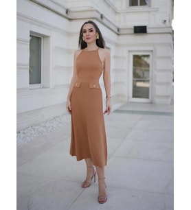 Styleboom X Peraluna VIVIEN SKIRT Düğme Detaylı Diz Altı Kloş Kadın Triko Etek - Camel