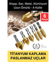 Premium Titanyum Kaplama 6'lı Kırılmaz Uçlu Paslanmaz Ahşap Sac Metal Havşa Açma Matkap Uç Seti