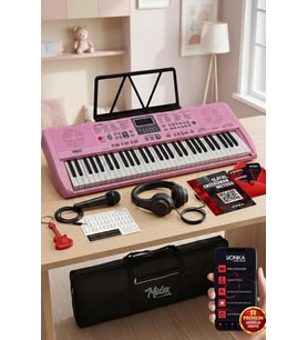 Midex PS-1800PK-H 61 Tuşlu Kaliteli Pembe Org Dijital Ekranlı Kulaklık Çanta Notalık Adaptör Sticker Metod