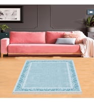 Nakış Desen Çerçeveli Dijital Baskı Yıkanabilir Kaymaz Taban Modern Salon Halısı ve Yolluk (Turkuaz)