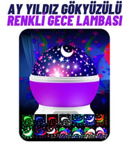 360° Dönen Projeksiyon Renkli Işıklı Gece Lambası Ay ve Yıldızlı Gökyüzü Yansıtmalı (Mor)