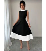 Kadın Bisiklet Yaka çift Renk çan Etek Detay Krep Kumaş Maxi Boy Elbise