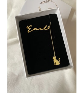Kişiye Özel İsim Sallanan Kedi Figürlü Kolye 925K Gümüş (Gold)