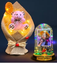 Kişiye Özel Renkli Led Işıklı Fanus ve Led Işıklı Pembe Ayıcık Buketi Hediye Seti (Model 5)