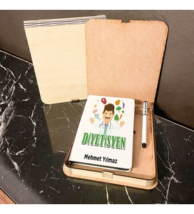 Diyetisyene Hediye Ahşap Kutulu Defter Kalem Set 003