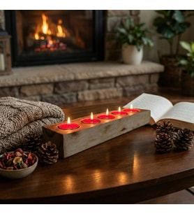Mumlar Dahil, Mumluk Dekoratif Masif Ahşap 5'li Tealight Mumluk El Yapımı, Bohem & İskandinav Tarz