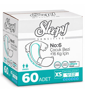Sleepy Çocuk Bezi Bel Bantlı XS - Extra Küçük - Ekstra Küçük 60 Adet (16+ KG Bel Ölçüsü 40-70 CM)