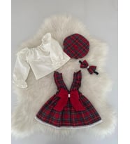Ekose Salopet Banda Şapka Beyaz Bluz Set (Kırmızı)