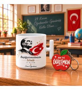 Kişiye Özel İsimli Başöğretmenimizin İzinde Seramik Latte Kupası ve Ahşap Anahtarlık Hediye Seti (250 ml)