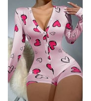 Amora Secret Pamuklu Pembe Kalp Desenli Düğmeli Uzun Kol Tulum Pijama