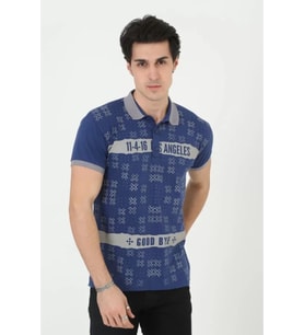 Erkek Yakalı Slim Fit Baskılı T-Shirt - Mavi