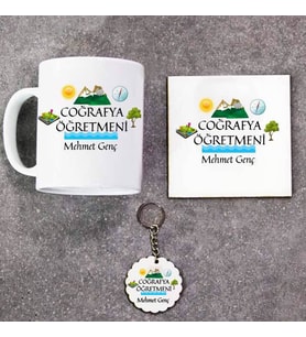 Coğrafya Öğretmeni Kupa Bardak Altlık ve Anahtarlık Hediye Seti (Model 1)