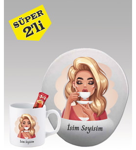 Kişiye Özel Mouse Pad ve Kupa Bardak Seti Kahve İçen Kadın Desenli