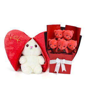 Aşk Dolu Hediye – Kalpli Peluş Tavşan ve Mini Peluş Ayıcıklar Hediye Seti (Kırmızı-Kırmızı)