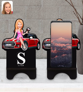 BK Gift Kişiye Özel Plakalı Kadın Mini Cooper Karikatürlü Ahşap Biblo Telefon Standı-1