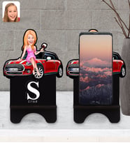 BK Gift Kişiye Özel Plakalı Kadın Mini Cooper Karikatürlü Ahşap Biblo Telefon Standı-1