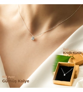 925 Ayar Gümüş Kraft Kutuda Beyaz  Tektaş Gümüş Kolye Kadın Minimal