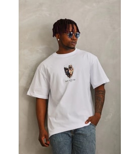Erkek Baskılı T-Shirt Kısa Kol Bisiklet Yaka Regular Fit Rahat Kalıp Günlük Tişört - Beyaz