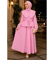 Neşeli butik kadın pembe pamuk keten yaka detaylı kuşaklı yazlık ikili tesettür takım NBVQ3158