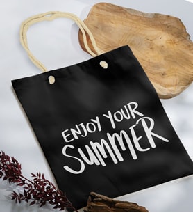 BK Gift Yaz Temalı Siyah Halat Saplı Kumaş Plaj Çantası -6, Baskılı Omuz Çantası, Alışveriş Çantası, Arkadaşa Hediye, Sevgiliye Hediye