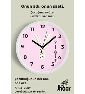 İsme Özel Y Harfli Pembe Çocuk Odası Duvar Saati Orta Boy 30 cm Beyaz Camlı Sessiz