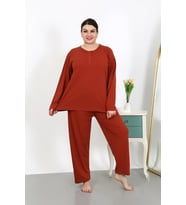 Kadın Büyük Beden Uzun Kol Penye Pijama Takımı Kiremit