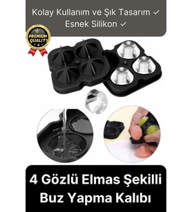 Kolay Kullanım Şık Silikon 4 Gözlü Esnek Buzluk Bar Kokteyl İçecek Elmas Şekilli Buz Yapma Kalıbı