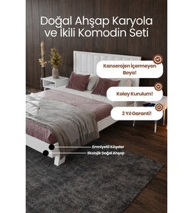 Hüma Model Dikey Başlıklı Masif Ahşap Karyola ve 2 Adet Komodin Kolay Kurulum Fırınlanmış İthal Sibirya Çamı 90x190 Yatak Uyumlu 2 Adet Komodin