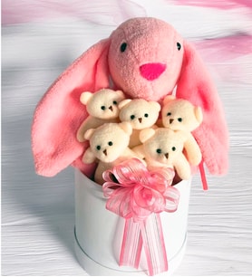 Solemia Premium Özel Hediye Kutusunda 45 cm Pembe Bunny ve 5 Adet Krem Peluş Minik Ayıcık Buketi, Sevgiliye Özel Hediye, Tavşanlı Peluş Buket