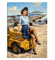 Uçak Yanında Pin-Up Hava Hostesi Dekoratif Kanvas - Mdf Ahşap Tablo