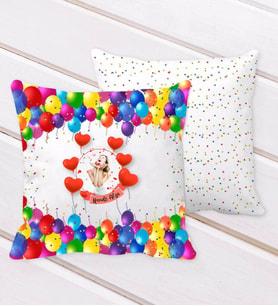 BK Gift Kişiye Özel Fotoğraflı Doğum Günü Tasarımlı Balon Desenli Dekoratif Kırlent Yastık-6 (Beyaz)