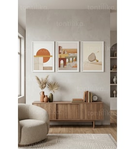 Sakin Toprak Tonları ile Modern Soyut Geometrik 3’lü Ahşap Çerçeveli Tablo Seti
