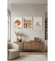 Sakin Toprak Tonları ile Modern Soyut Geometrik 3’lü Ahşap Çerçeveli Tablo Seti