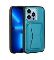 iPhone 13 Pro Max Kılıf Kartlıklı Standlı Suni Deri Memo Kılıf (Mavi)