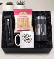 Kişiye Özel Baskılı Kupa & Gümüş Detaylı Siyah Tükenmez Kalem & Siyah French Press & Colombian Taze Filtre Kahve Hediye Seti