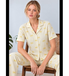 Night Mavi Kadın Gömlek Yaka Desenli Pijama Takımı 4816