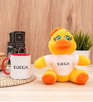 Kişiye Özel Çiçekli Harf Tasarım İsim Yazılı Peluş Civciv ve Kırmızı Kupa