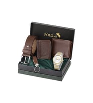 Polo Air Erkek Kol Saati Cüzdan Kemer Kartlık Anahtarlık Hediyelik Kutusunda Kahverengi Set PL-7041E4 (Altın-Gümüş)